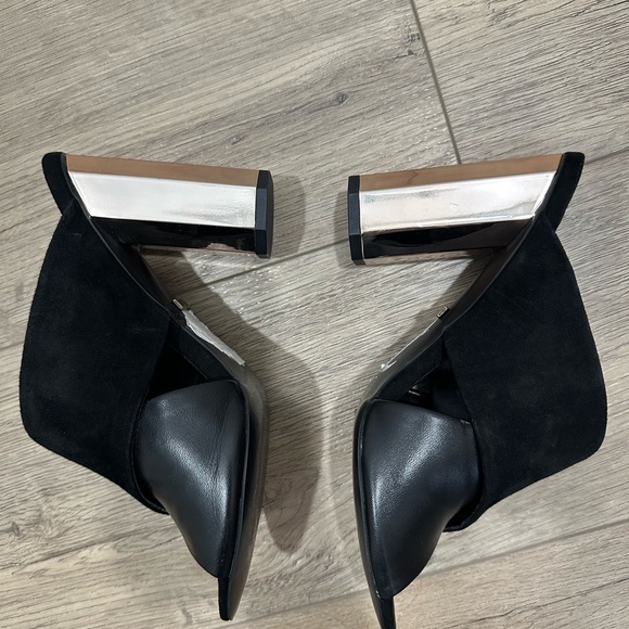 Topshop Razzmatazz black suede mule heel gold-tone geometric block heel spring 7 - Picture 4 of 6